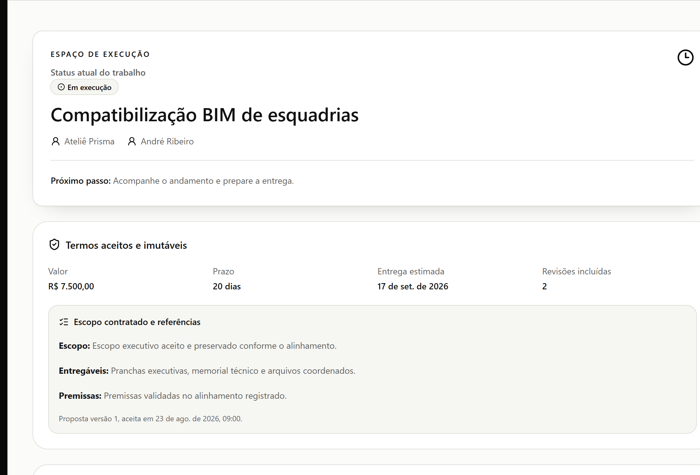 Tela real da FreelaEsquadrias acompanhando escopo, prazos e andamento de um trabalho contratado.